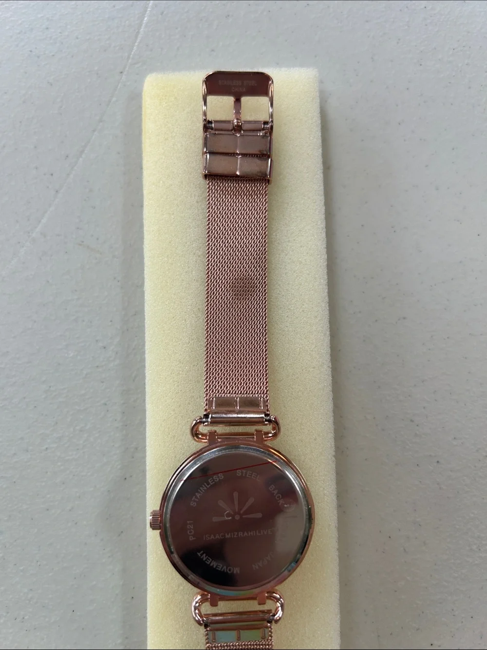 Isaac Mizrahi Rose Gold Tone Watch with Pale Pink Mesh Strap